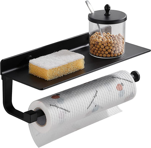 Danpoo Paper Towel Holder Wall Mounted for Kitchen 13 Inch, Bathroom Tissue Mega Roll Hanger with Mobile Phone Storage Shelf,Space Aluminum, Wall Mount with Screws (Matte Black)
