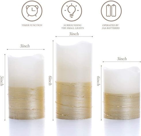 Flickering LED Candle Set with Daily Timer,BeMoment Flameless Candles,Embedded String Lights Stay Lit,Golden Stripes Decorative,Real Wax,Battery Powered,Set of 3(H 4"5"6" x D3")