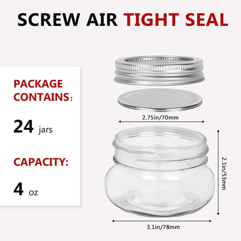4 oz Glass Mason Jars, 24 Pack 120ml Canning Jars with Regular Mouth Lids, Glass Jars Storage Containers for Overnight Oats, Jam, Jelly, Honey, Beans, Spice, Wedding Party Favors, Shower Favors