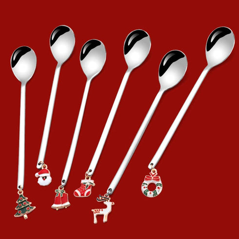 btdeal Christmas Spoons with Gift Box, Stainless Steel Stirring Spoon Tea Spoon Coffee Spoon with Christmas Pendant for Xmas Party Tableware Decor, 6pcs/Set (Silver)
