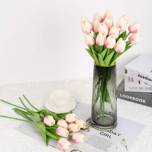 24PCS Pink Tulips Artificial Flowers Decoration Touch Light Pink Tulips Fake Flowers for Tulip Flower Arrangements Home Decoration Wedding Bridal Bouquet Party Baby Shower Centerpieces (Light Pink)