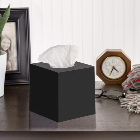 DW‹LLZA HOM‹ Tissue Box Cover Square - Facial Cube Tissue Box Holder Case Dispenser for Bathroom Vanity Countertop, Bedroom Dresser, Office Desk or Night Stand Table, 2 Pack - Black