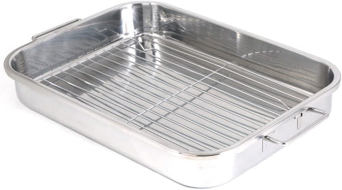 ExcelSteel Multiuse with Rack and Foldable Handles for Easy Storage Stainless Steel Roasting Pan, 15.25", Stainless