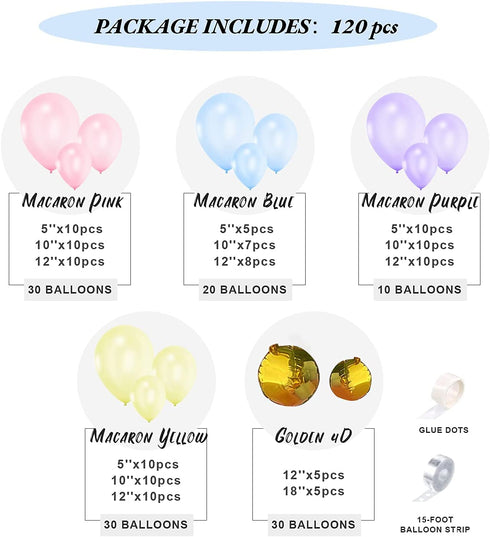Pastel Balloon Garland Arch Kit 120pcs Assorted Macaron Pink Blue Gold Rainbow Balloons Kit Latex Balloon Arch for Baby Bridal Shower Birthday Wedding Graduation Party Decorations