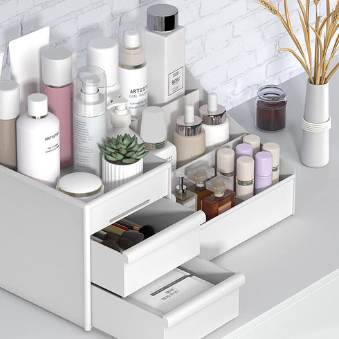 skin care organizer,Makeup Desk Organizer With Drawers,Countertop Organizer for Cosmetics,Vanity brush with Holder for Lipstick, Brushes, Eyeshadow, and Jewelry Desktop Finishing Dresser (White)