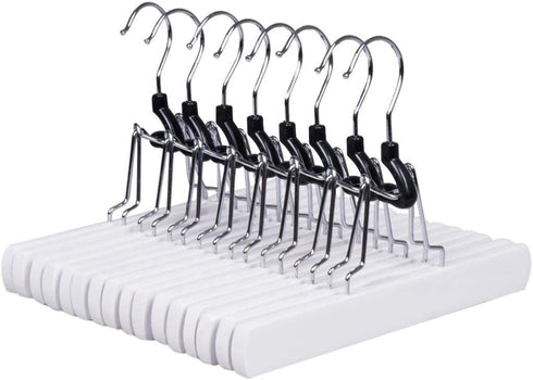Amber Home White Wooden Pants Hangers 10 Pack, Wood Clamp Hangers with Non Slip Padded Velvet, Jeans/Slacks Hangers Hair Extension Hangers for Skirts, Trousers, Wig (White, 10)