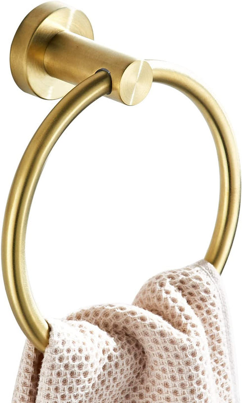 BATHSIR Gold Towel Ring, Bathroom Hand Towel Holder Wall Mount Round Brushed Gold Towel Rack Stainless Steel