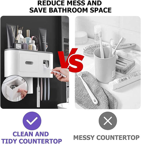 Automatic Toothpaste Dispenser with Toothbrush Holder, Multifunctional Wall Mounted Toothbrush Holder for Bathroom. Toothbrush Organizer with Sticker for Women Kids Baby Bathroom.