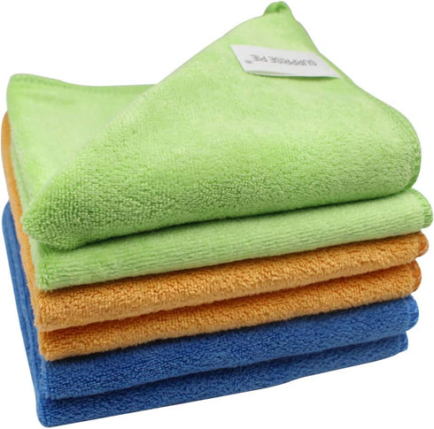 SURPRISE PIE Microfiber Cleaning Cloths 400 GSM Thick Soft Lint Free 12"x12" 6 Pack Green Blue and Orange Reusable Kitchen Towels Dust Cloth Rags for Window Car House Boat Furniture