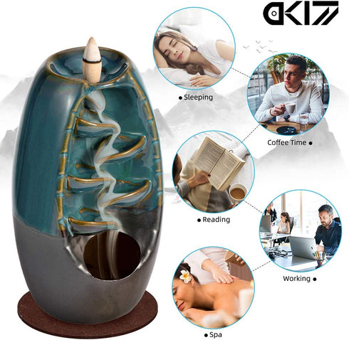 DK177 Waterfall Incense Holder Backflow Inscent Cone Burner Handcraft Ceramic Water Fall Smoke Fountain with 120 Cones 30 Sticks 1 Mat 2 Lotus Leaf 1 Cloth
