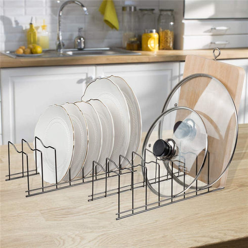 SANNO Pan and Pot Lid Organizer Rack for Pot Lids, Plates, Cutting Boards, Bakeware, Cooling Rack, Serving Trays, Total 8 Compartments, Stainless Steel Black nickel Pack of 2