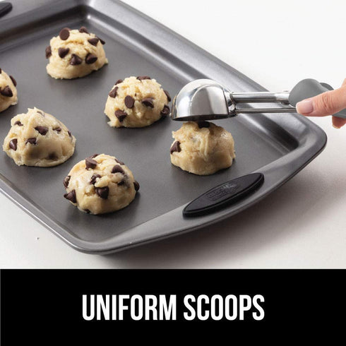 Gorilla Grip Premium Stainless Steel, Spring-Loaded Scoop for Fruit, Cookie and Ice Cream, Easy Squeeze and Clean Release, Comfortable Handle, Medium, 2 TBSP Scooper Size 30, Uniform Portions, Gray