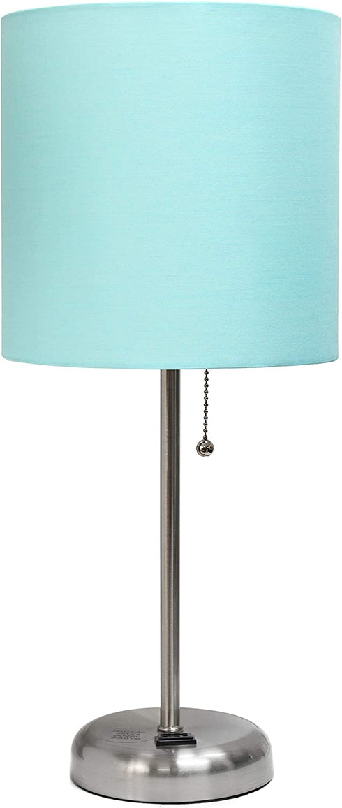 Limelights LT2024-AQU Stick Charging Outlet Table Lamp, Brushed Steel Base/Aqua Shade