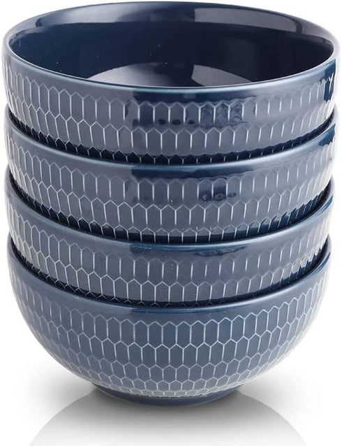 KOOV 24 Ounce Soup Bowl Set, Porcelain Cereal Bowls Microwave And Dishwasher Safe, Kitchen Bowls For Oatmeal Breakfast, Chip, Rice, Ceramic Bowls Set of 4 (Embossed Blue)
