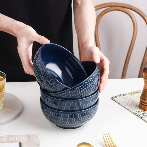 KOOV 24 Ounce Soup Bowl Set, Porcelain Cereal Bowls Microwave And Dishwasher Safe, Kitchen Bowls For Oatmeal Breakfast, Chip, Rice, Ceramic Bowls Set of 4 (Embossed Blue)
