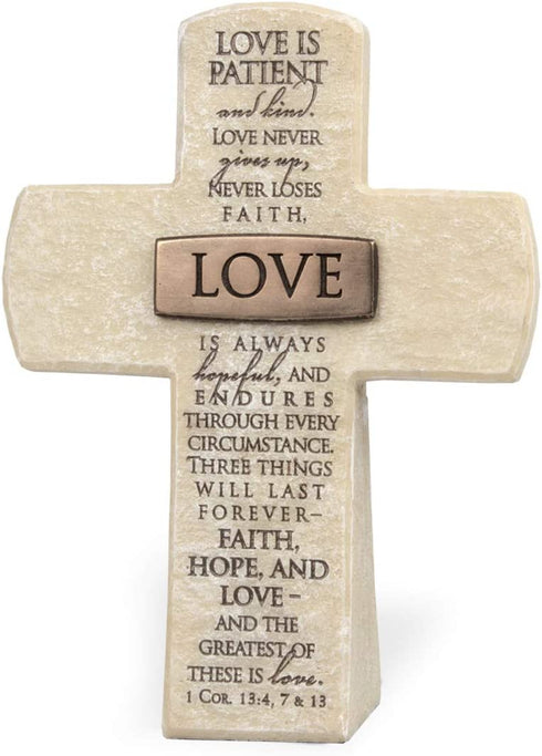 Lighthouse Christian Products Love is Patient and Kind Sandstone 5.5 Inch Cast Stone Bronze Title Bar Cross Figurine