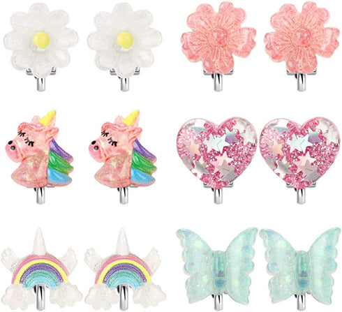 6Pairs Crystal Unicorn Clip On Earrings for Little Girls, Rainbow Earrings Butterfly Earrings Toddler Girls Dress Up Jewelry …