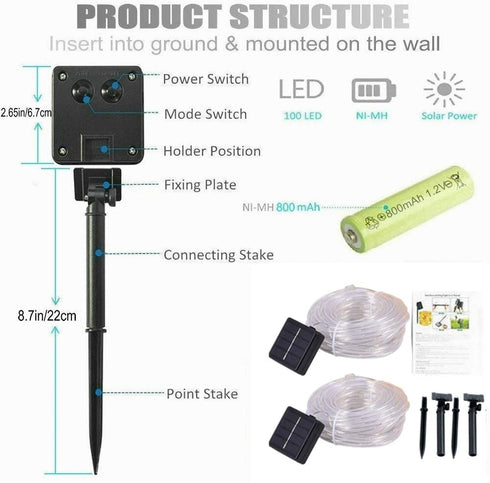 LiyuanQ Solar String Lights Outdoor Rope Lights, 2 Pack 8 Modes 100 LED Solar Powered Outdoor Waterproof Tube Light Copper Wire Fairy Lights for Garden Fence Yard Party Wedding Decor (Cool White)