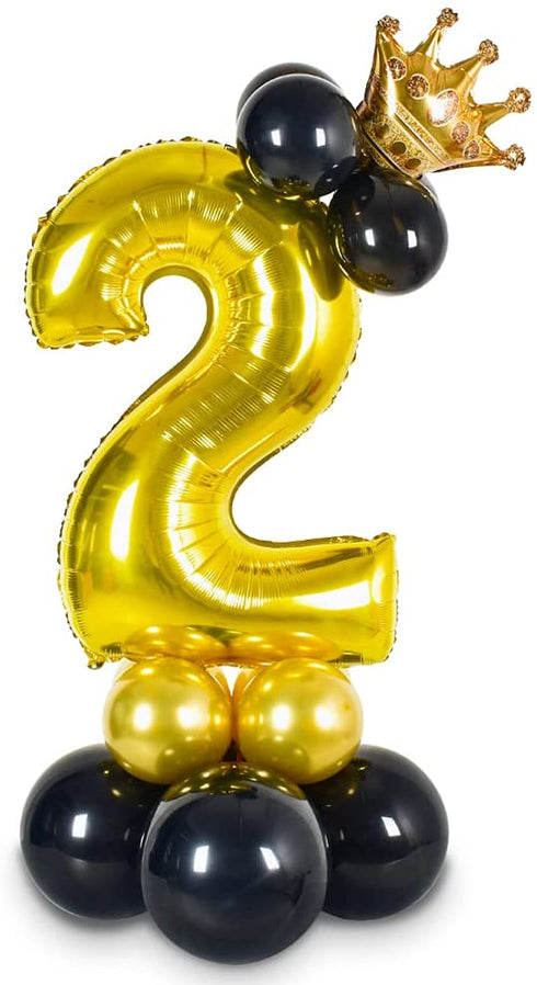 32 inch Large Size Black Gold Number 2 Balloons ,Foil Aluminum Crown Balloon Latex Balloons Combination for 2nd Theme Birthday Party Wedding Decoration Baby Shower Supplies