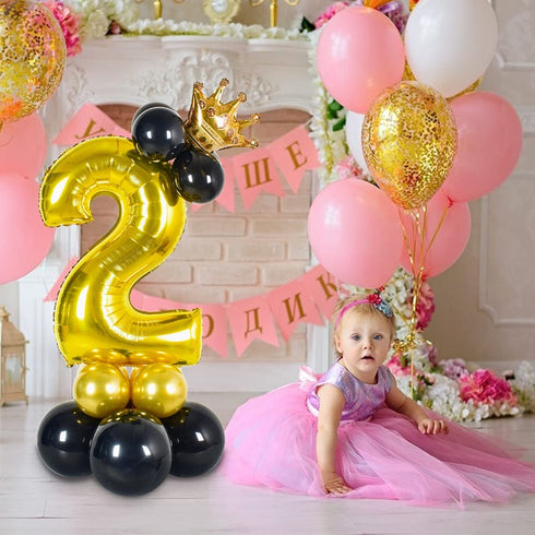 32 inch Large Size Black Gold Number 2 Balloons ,Foil Aluminum Crown Balloon Latex Balloons Combination for 2nd Theme Birthday Party Wedding Decoration Baby Shower Supplies