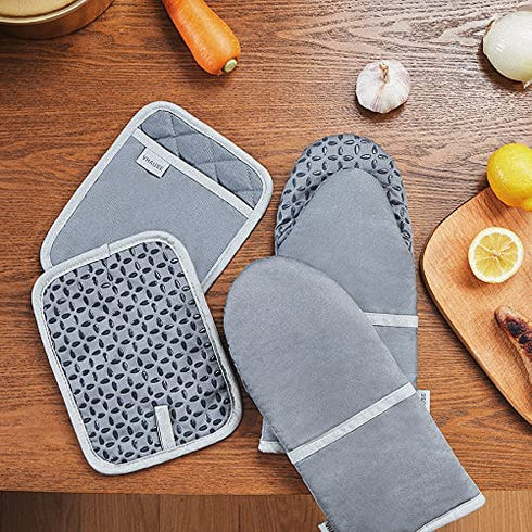 Oven Mitts and Pot Holders Set - 4pcs Long Cotton Puppet Oven Gloves & Hot Pads with Non-Slip Silicone Grip Heat Resistant 455 °F /235 °C for Kitchen Baking Cooking Grilling Machine Washable-Grey