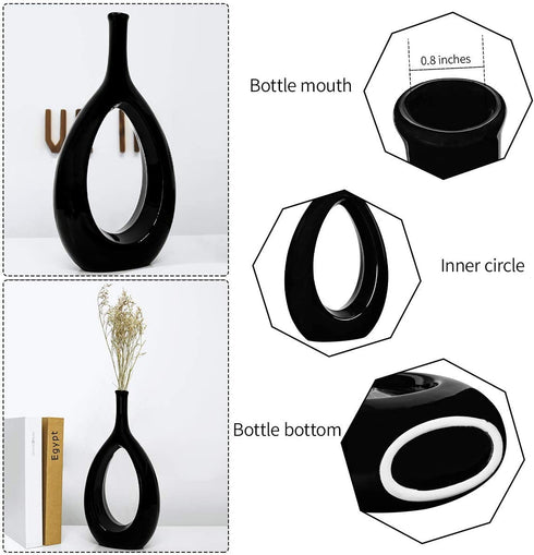 Samawi Black Ceramic Vase for Decor Ceramic Vase Circle Donut Oval Vase Tall Black Vase Hollow Vase Decorative vase for Table Kitchen Home Flowers Tall Black Vase Centerpieces Wedding Vase Modern