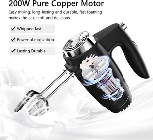 5-Speed 200W Electric Hand Mixer,with Eject Button,4 Stainless Steel Attachments(Beaters and Dough Hooks),for Whipping Cake, Cream,Dough,Cookies,Black
