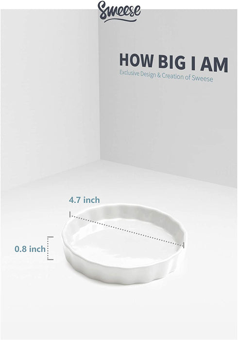 Sweese 505.001 Porcelain Ramekins Round Tart Pan Mini Fluted Quiche Dishes - 5 Ounce for Creme Brulee - Set of 6, 4.8 x 0.8 Inch, White
