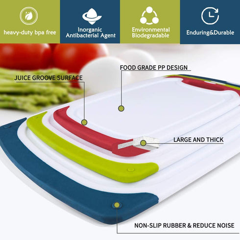 Cutting Boards for Kitchen, Plastic Chopping Board Set of 4 with Non-Slip Feet and Deep Drip Juice Groove, Easy Grip Handle, BPA Free, Non-porous, Dishwasher Safe