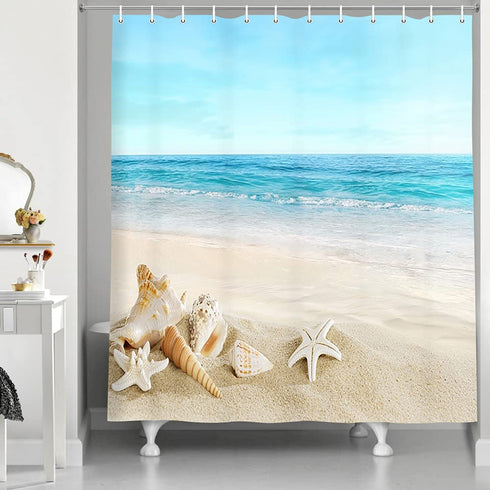 JAWO Starfish Beach Theme Shower Curtain Fabric, Tropical Sea Waves Seashell Conch Hawaiian Seaside Scene, Ocean View Cloth Shower Curtains No Smell with 12 Rustproof Grommet Holes, 69x70 Inches