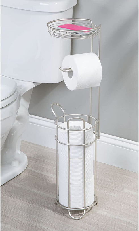 mDesign Freestanding Metal Wire Toilet Paper Roll Dispenser and Holder Stand for Bathroom Storage Organization - Top Round Storage Tray Shelf for Cell Phone, Book, Spray - Holds 4 Mega Rolls - Satin