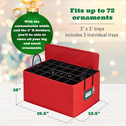 Christmas Ornament Storage Container Box Heavy Duty, Premium Quality Storage Bins - Convenient Durable, 3 Individual Trays Fits Up to 72 - 3? Ornaments Adjustable Cells