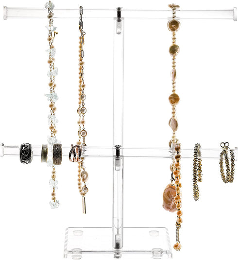 Okllen 2 Pack 2 Tier Acrylic Bracelet Holder, T-bar Clear Jewelry Display Stand, Necklace Storage Tower Jewelry Hanging Organizer for Bangle, Watch, Pendant, Headband Scrunchy, 9.5" W x 10" H