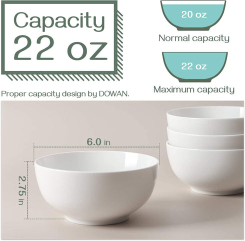 DOWAN Ceramic Soup Bowls, Cereal Bowl, 22 Ounce Bowls Set, Chip Resistant, Dishwasher & Microwave Safe, Porcelain Bowls for Kitchen, White Bowls for Cereal Soup Rice Pasta Salad Oatmeal, Set of 4