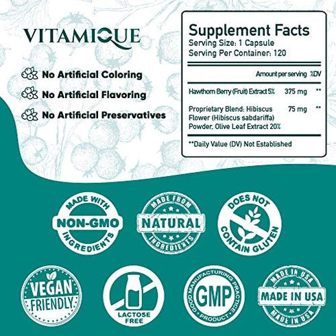 Hawthorn Berry Extract Hibiscus Olive Leaf Blend 450mg per serving, Heart Health High Blood Pressure Support Supplement Powerful Antioxidant,120 Veg Caps 4 Month Supply, Hawthorne Berry Capsules Vegan