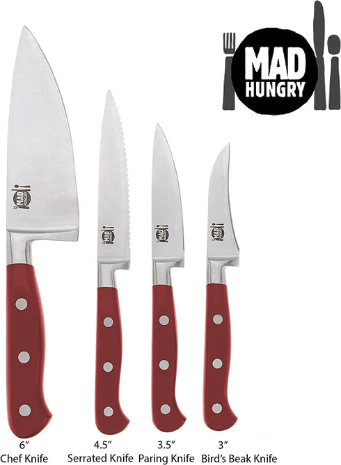 Mad Hungry 4-Piece Forged Specialty Knife Set - 6" Chef, 4.5" Utility, 3.5" Paring, & 3" Bird's Beak Knives (Red)