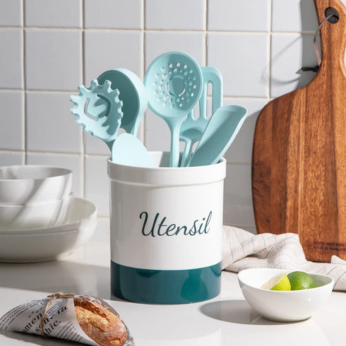 SWEEJAR Kitchen Utensil Holder, 7.2" Ceramic Utensil Crock for Cooking Countertop, Housewarming, Wedding, Birthday Gift (Teal green)