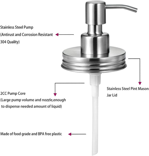 Amolliar Mason Jar Liquid Soap Dispenser Lids - 304 Stainless Steel Pumps & Lids for 16oz Regular Mouth Mason Jar-Rustic/Farmhouse Decor, for Hand Soap,Dish Soap, Lotions/Brushed Nickel-6 Pack