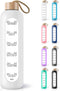 PROBTTL 32 Oz Borosilicate Glass Water Bottle with Time Marker Reminder Quotes, Leak Proof Reusable BPA Free Motivational Water Bottles with Silicone Sleeve and Bamboo Lid