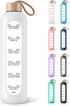 PROBTTL 32 Oz Borosilicate Glass Water Bottle with Time Marker Reminder Quotes, Leak Proof Reusable BPA Free Motivational Water Bottles with Silicone Sleeve and Bamboo Lid