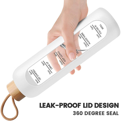 PROBTTL 32 Oz Borosilicate Glass Water Bottle with Time Marker Reminder Quotes, Leak Proof Reusable BPA Free Motivational Water Bottles with Silicone Sleeve and Bamboo Lid