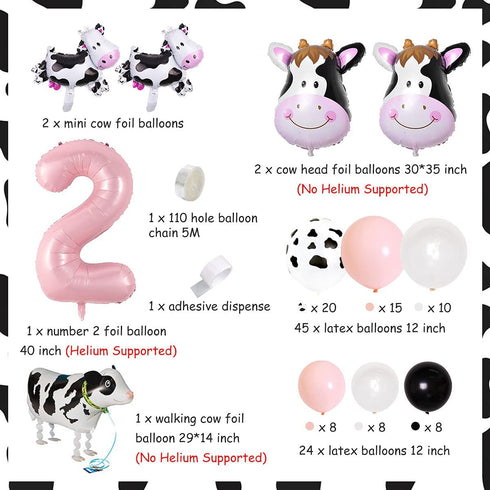 Cow 2nd Birthday Party Supplies for Girl, Farm Animal Theme Balloons Garland Arch Kit Party Decorations Farm Animal 2nd Birthday Party Supplies with Cow Head and Walking Cow Foil Balloons
