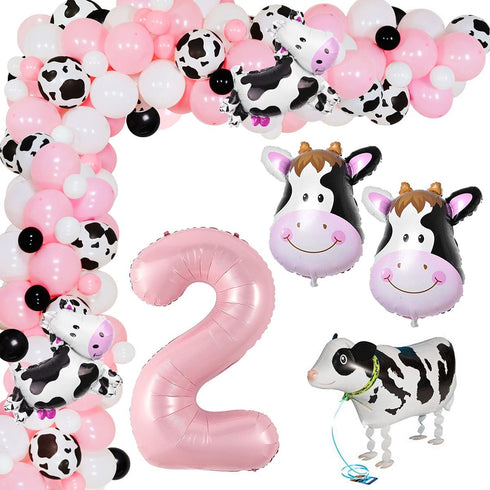 Cow 2nd Birthday Party Supplies for Girl, Farm Animal Theme Balloons Garland Arch Kit Party Decorations Farm Animal 2nd Birthday Party Supplies with Cow Head and Walking Cow Foil Balloons