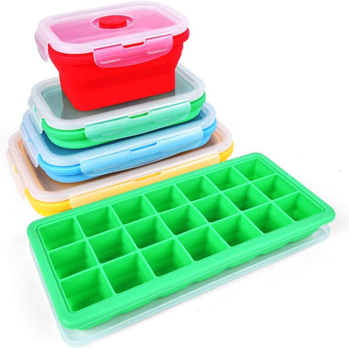 Collapsible Silicone Storage Set of 4 Plus Bonus Ice Tray - BPA Free, Microwave, Dishwasher And Freezer Safe