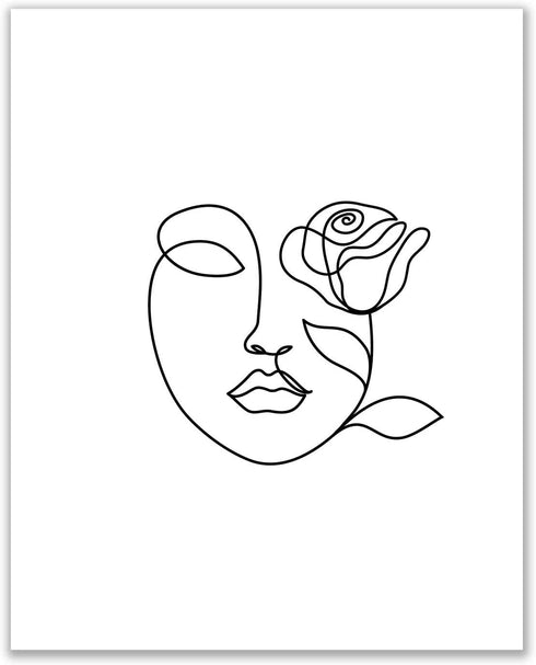 Minimalist Romance Prints - Set of 4 (8x10 Inches) Glossy Romantic Floral Botanical Continuous Contour Line Wall Art Decor - Hands - Roses - Face