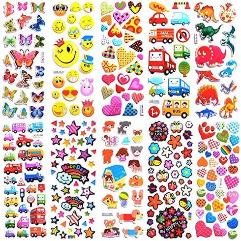 Kids Stickers 1000+, 40 Different Sheets, 3D Puffy Stickers for Kids, Bulk Stickers for Girl Boy Birthday Gift, Scrapbooking, Teachers, Toddlers, Including Animals, Stars, Fishes, Hearts and More