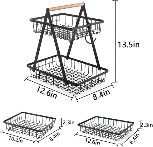 BUSKYI 2-Tier Fruit Basket for Kitchen - Countertop Fruit and Vegetable Storage Fruit Bowl with Banana Hanger , Black