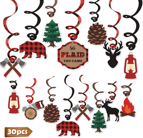 Levfla 30CT Lumberjack Party Hanging Swirls Decoration Buffalo Plaid Kids Birthday Photo Props Camping Ideas Bears Cutouts S'More Fun Door Whirls Signs Baby Shower Favor Supplies