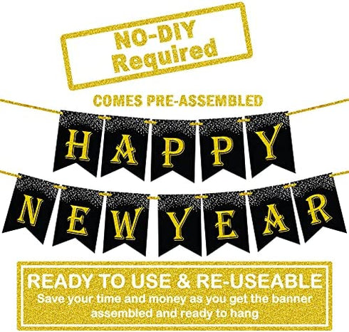 Glitter, Happy New Year Banner 2023 - 10 Feet | Gold Happy New Year Sign for Happy New Year Decorations 2023 | NYE Decorations 2023 | New Years Eve Party Supplies 2023 for New Years Eve Decorations