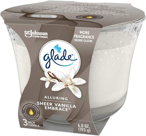 Glade Candle Sheer Vanilla Embrace, Fragrance Candle Infused With Essential Oils, Air Freshener Candle, 3-Wick Candle, 6.8 Oz